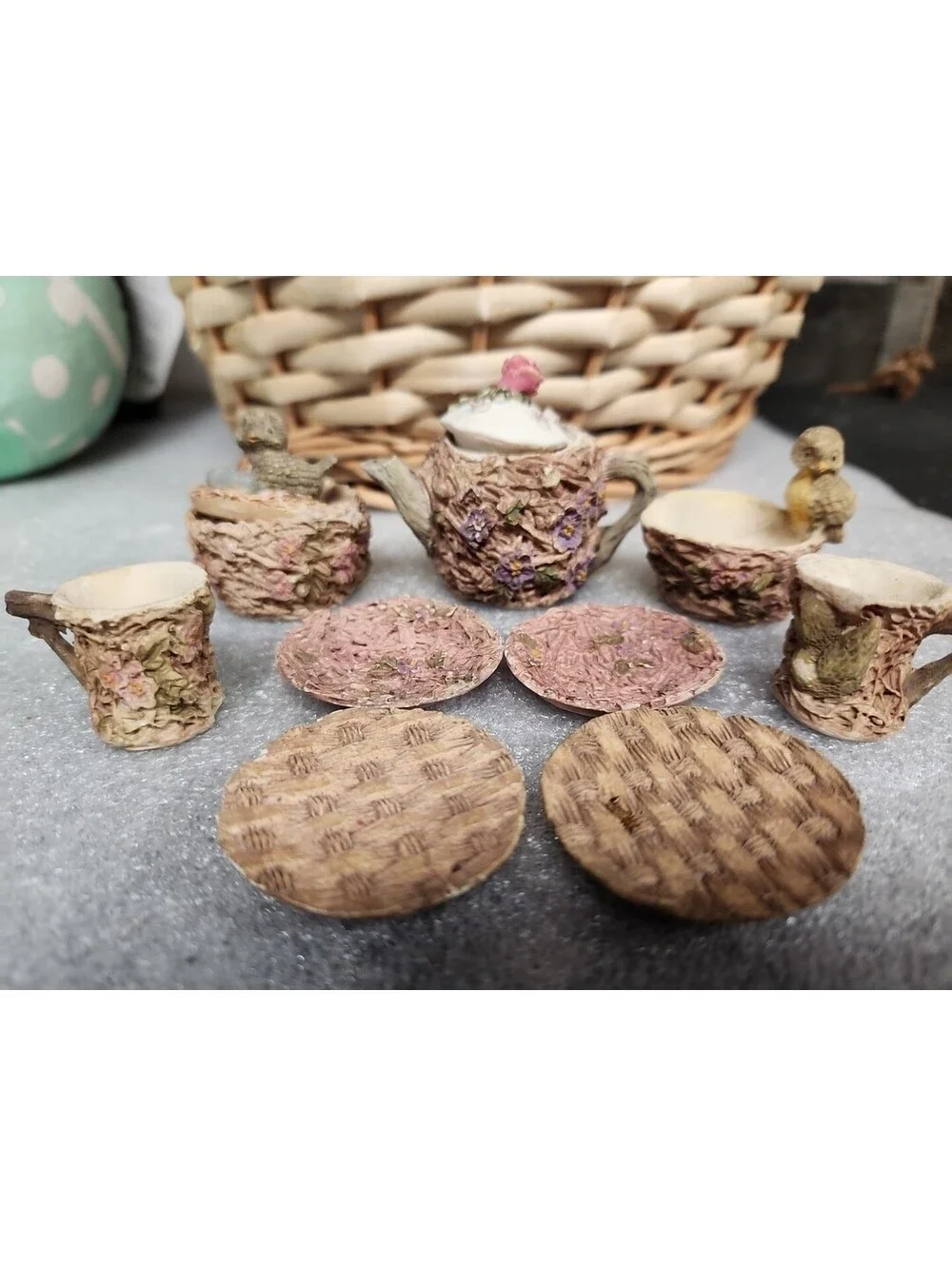 Mini Resin Vintage Tea Set,  Birds Nest, Pink Floral, 11 Pc Fairy Woodland!.